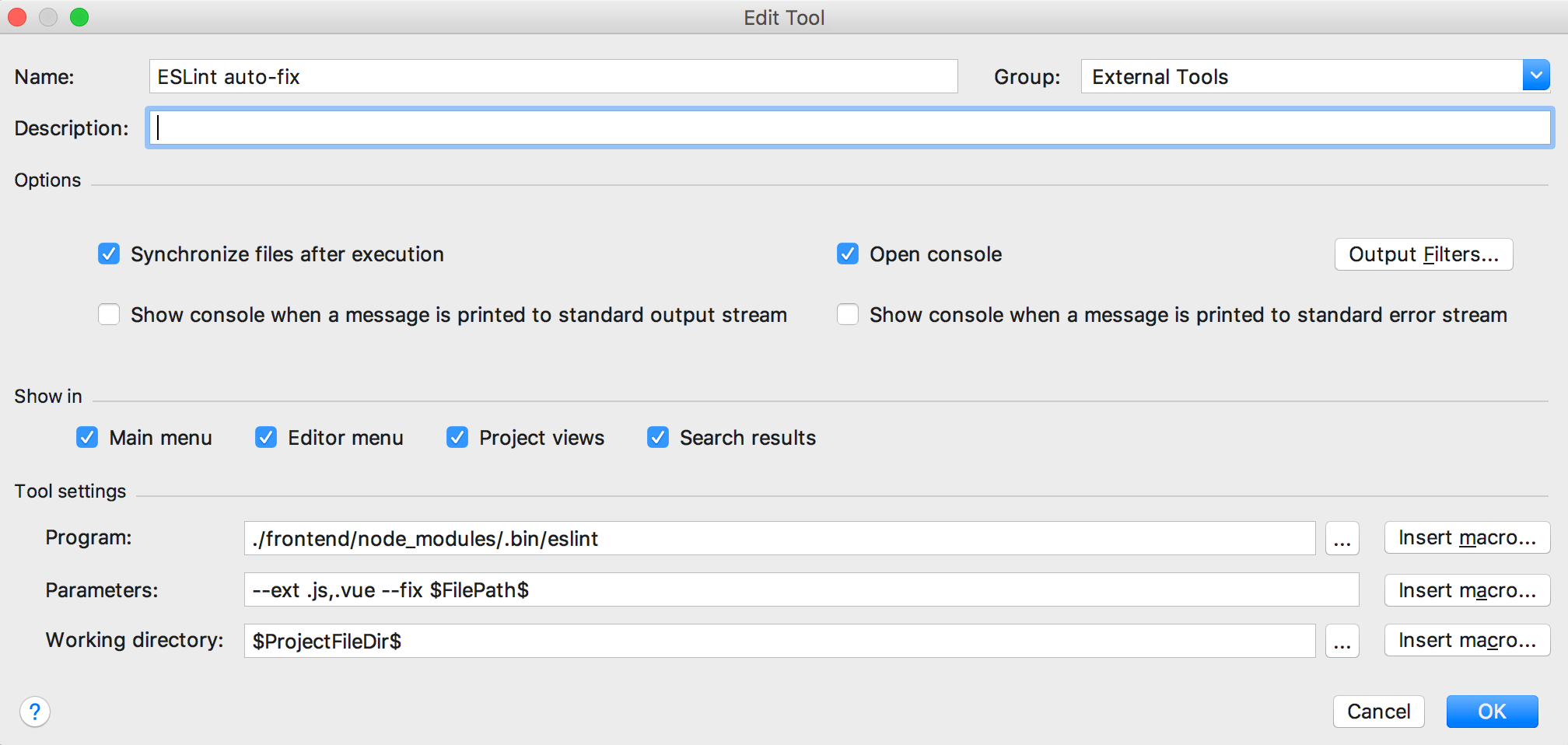Setting up an external tool to run ESLint
